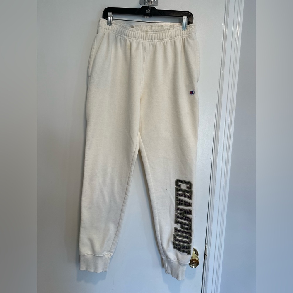 Champion Reverse Weave cream Streetwear joggers Sz:M Spellout English plaid logo